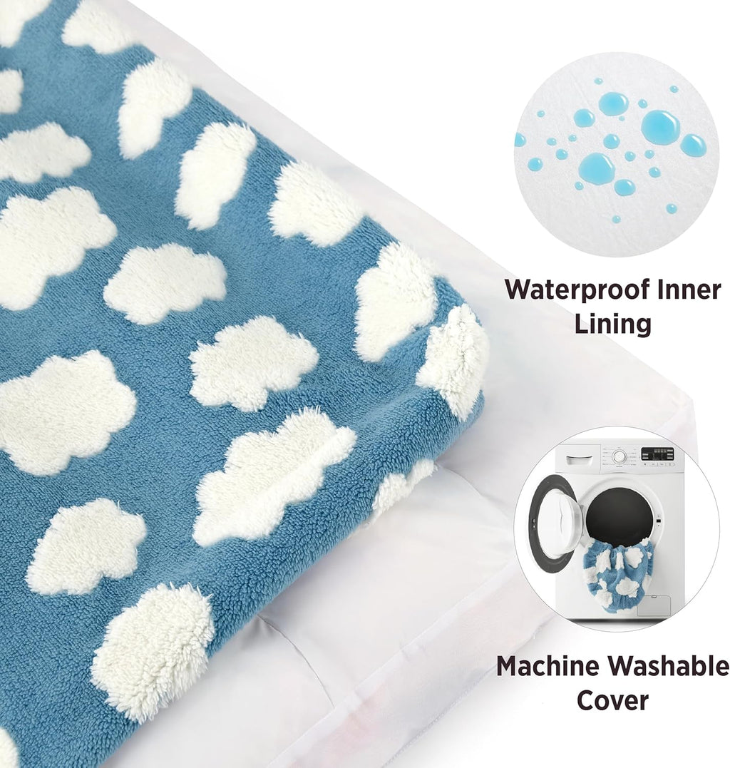 Cute Large Dog Bed for Crate-Thick Shredded Chopped Foam Pet Bed Indoor with Removable Washable Cover, Modern Fuzzy Plush & anti Slip Bottom, Blue