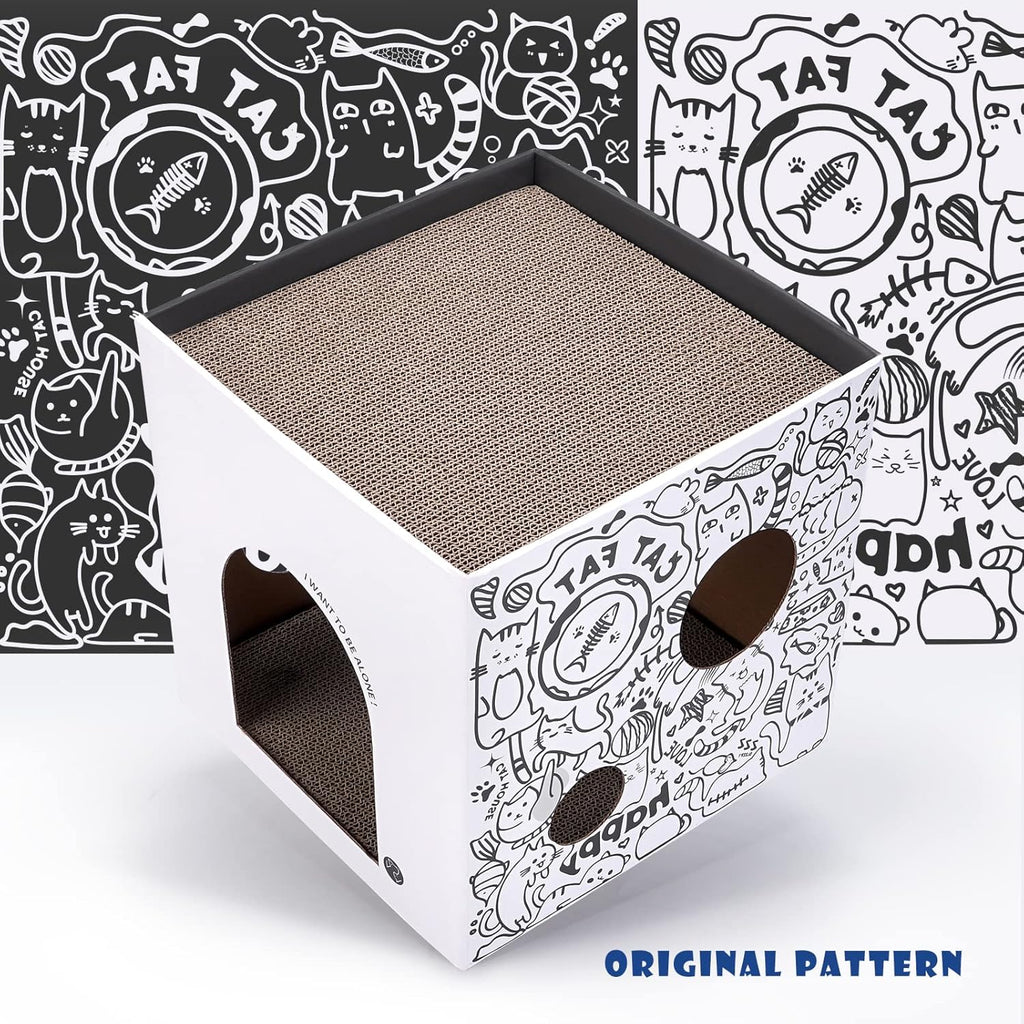 Cardboard Cat House with 2 Story Scratch Pads - Cat Play House for Indoor Cats - Corrugated Scratcher Box - Hideout for Small Animals