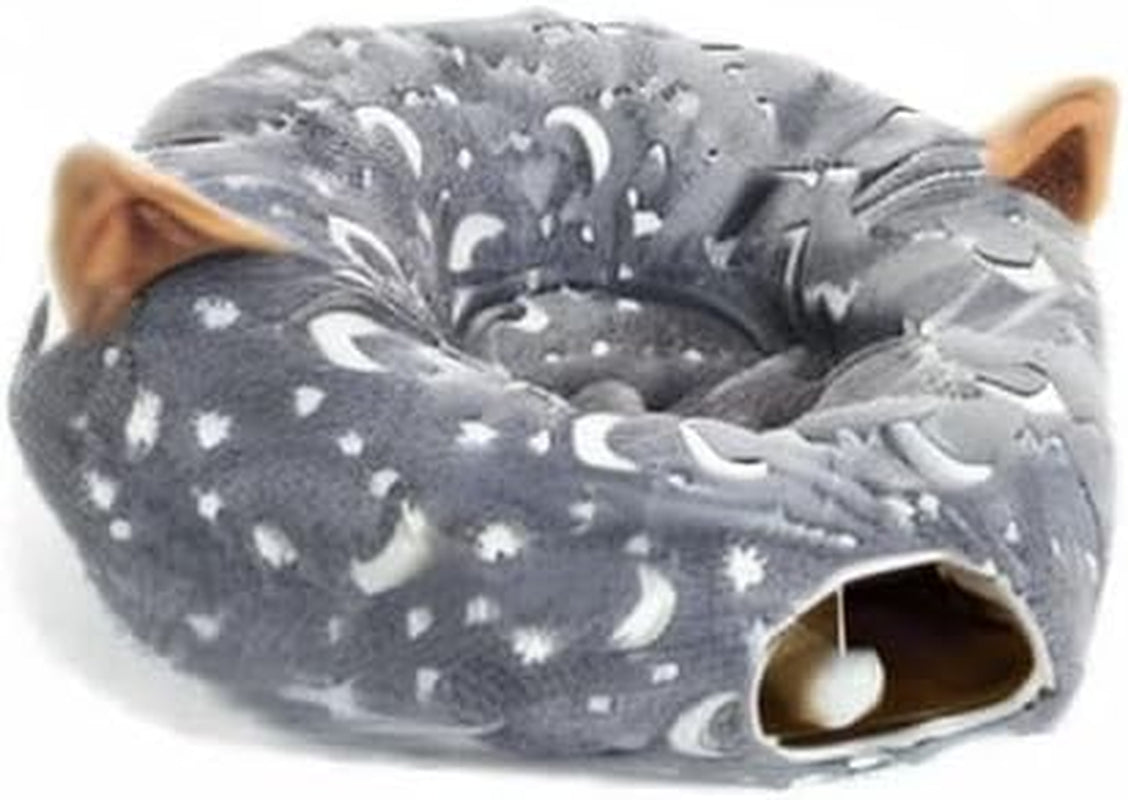 Cat Tunnel Bed under Christmas Tree with Plush Ball Toy Playground Crinkle Collapsible Self-Luminous Flannel Fabric 3FT for Large Cats Kittens Kitty Small Animals Puppy Grey Moon Star