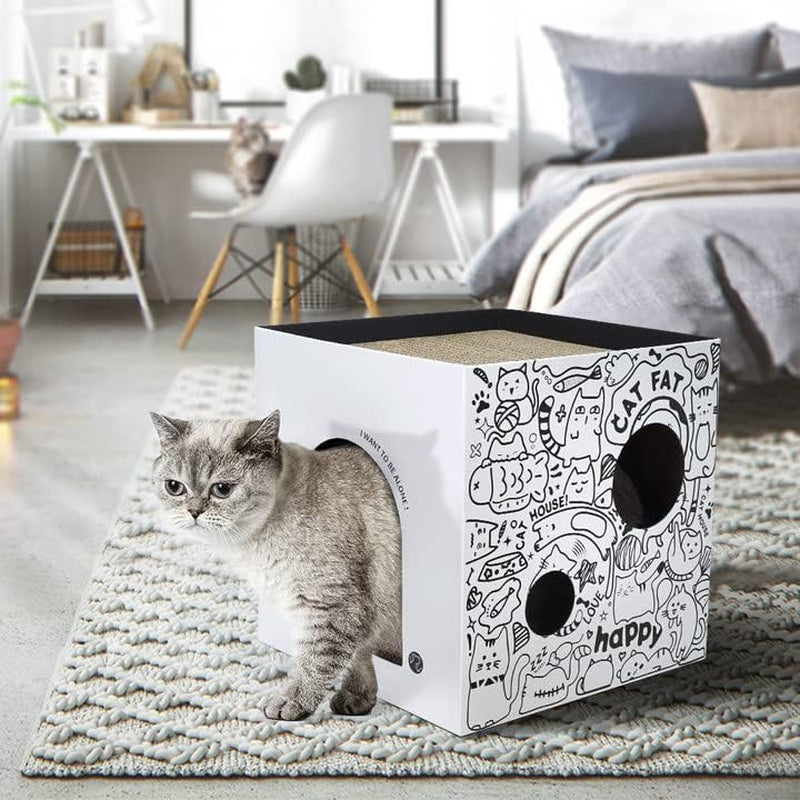 Cardboard Cat House with 2 Story Scratch Pads - Cat Play House for Indoor Cats - Corrugated Scratcher Box - Hideout for Small Animals