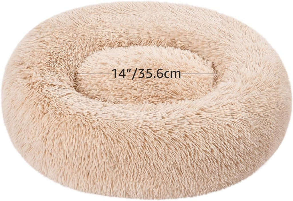 Washable Donut Pet Bolster Faux Fur Bed with Removable Cover, Anti-Slip Bottom for Dog, Beige, 23" X 23"