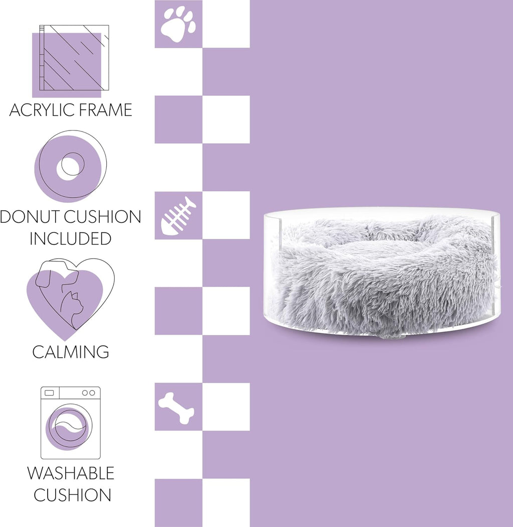 CBD2000A Bette 20.75" X 20.75" Small/Medium Modern Lucite Calming Fluffy Donut Pet Bed with Washable Cover, Light Gray/Clear