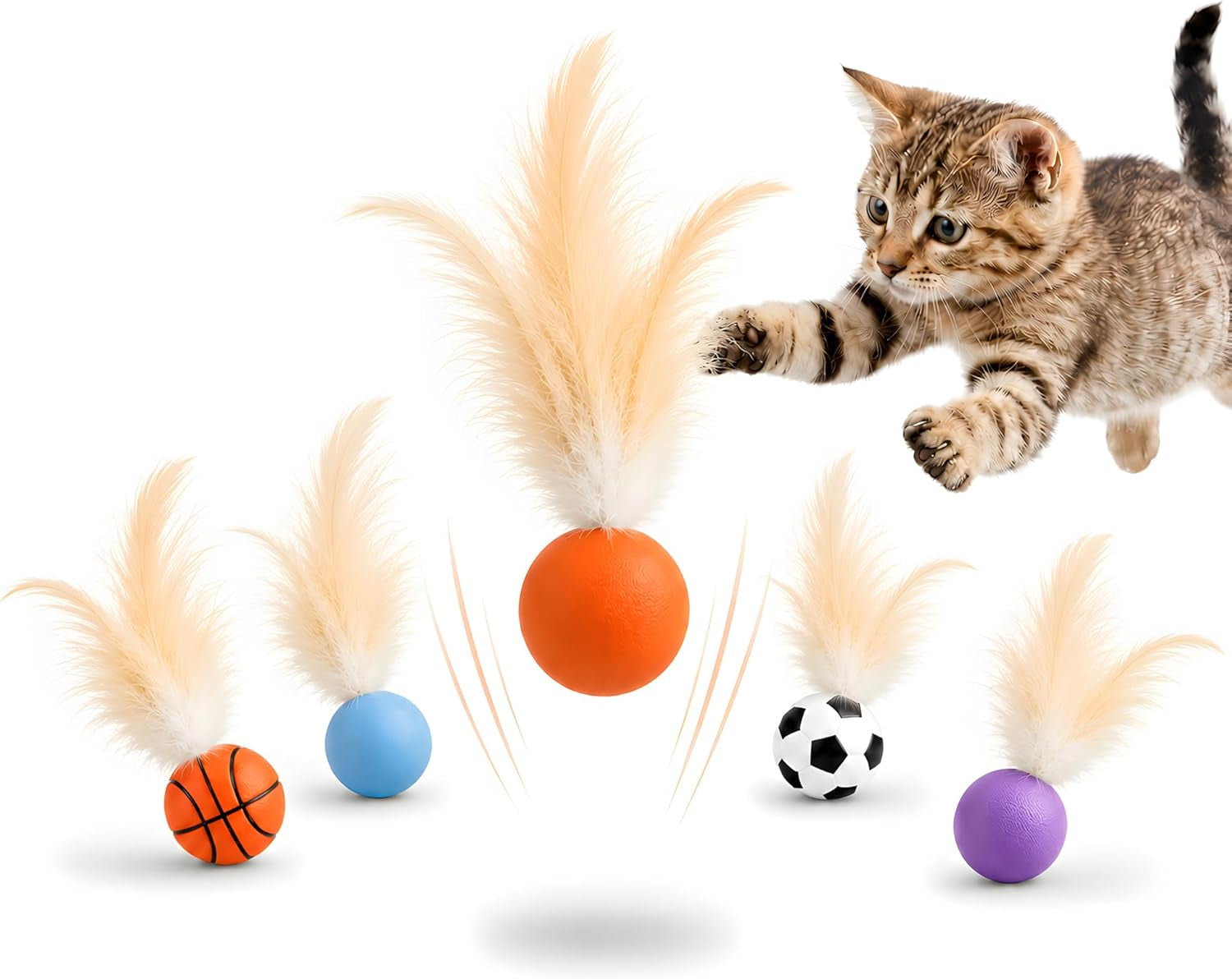Bouncy Cat Feather Ball Toys – 6 Pack Interactive Silicone Bouncing Balls for Indoor Cats & Kittens, Durable Active Play Toy