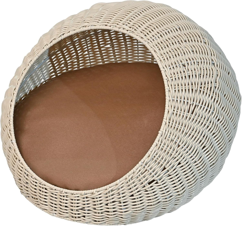 CBD3000C Fiora 19.5" X 18" Modern Circular Faux Wicker Pet Bed with Machine-Washable Cushion, Cat Beds for Indoor Cats, White