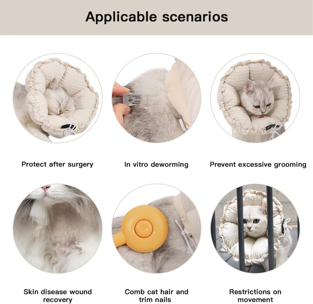 Soft Cat Cone Collar， Cute Adjustable Cat Recovery Collar，Elizabethan E Collar That Can Protect Head and Foot Wounds，Egg White Flower All-Season Style