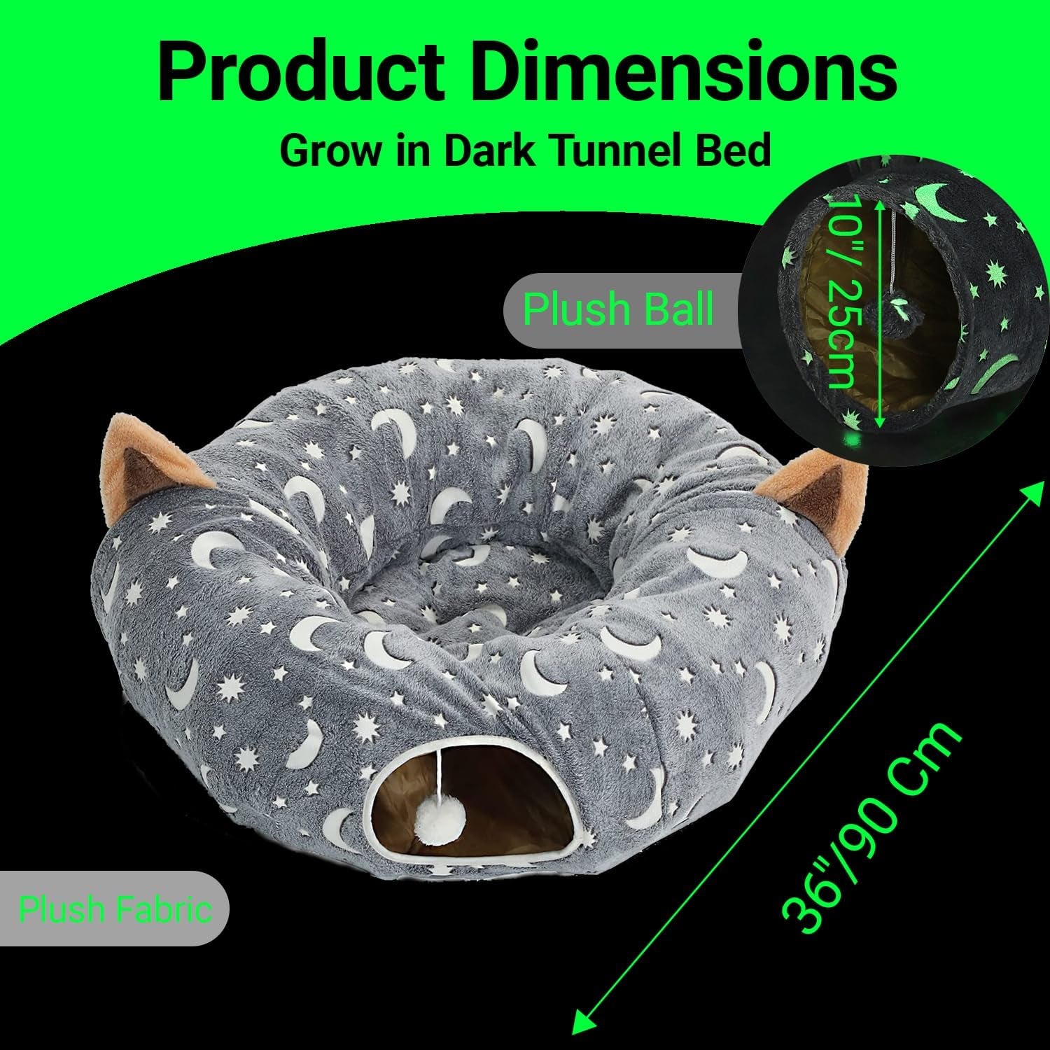 Cat Tunnel Bed under Christmas Tree with Plush Ball Toy Playground Crinkle Collapsible Self-Luminous Flannel Fabric 3FT for Large Cats Kittens Kitty Small Animals Puppy Grey Moon Star