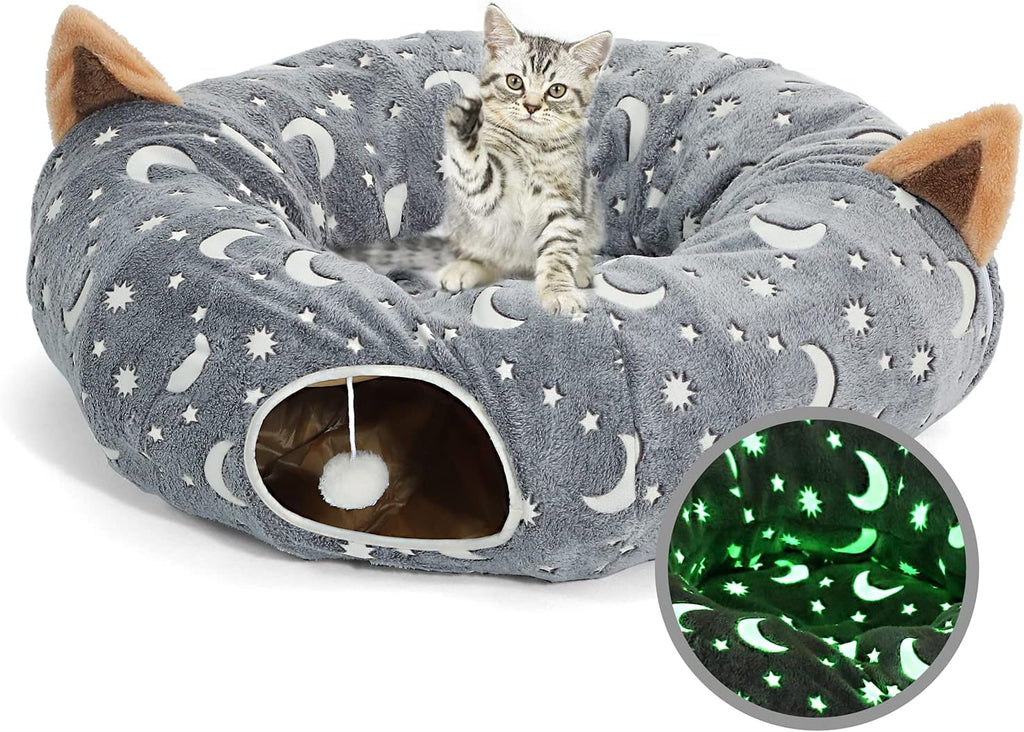 Cat Tunnel Bed under Christmas Tree with Plush Ball Toy Playground Crinkle Collapsible Self-Luminous Flannel Fabric 3FT for Large Cats Kittens Kitty Small Animals Puppy Grey Moon Star