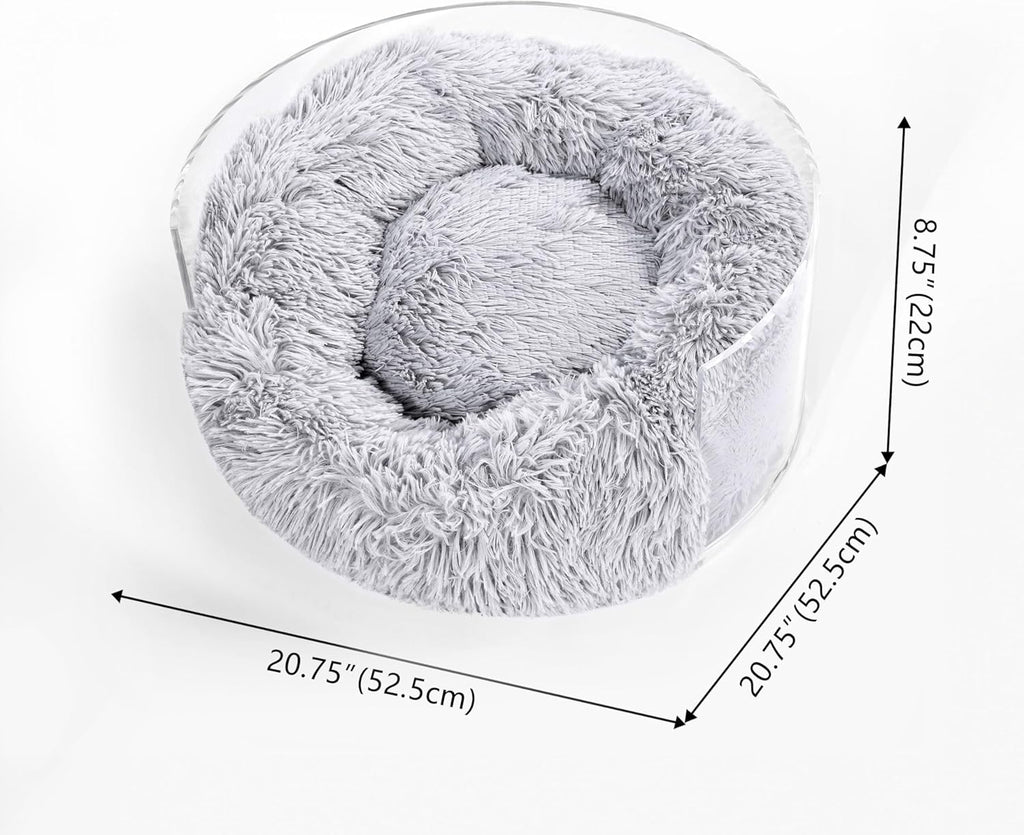 CBD2000A Bette 20.75" X 20.75" Small/Medium Modern Lucite Calming Fluffy Donut Pet Bed with Washable Cover, Light Gray/Clear