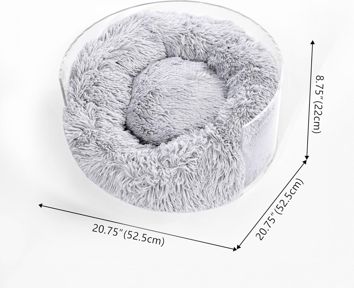 CBD2000A Bette 20.75" X 20.75" Small/Medium Modern Lucite Calming Fluffy Donut Pet Bed with Washable Cover, Light Gray/Clear