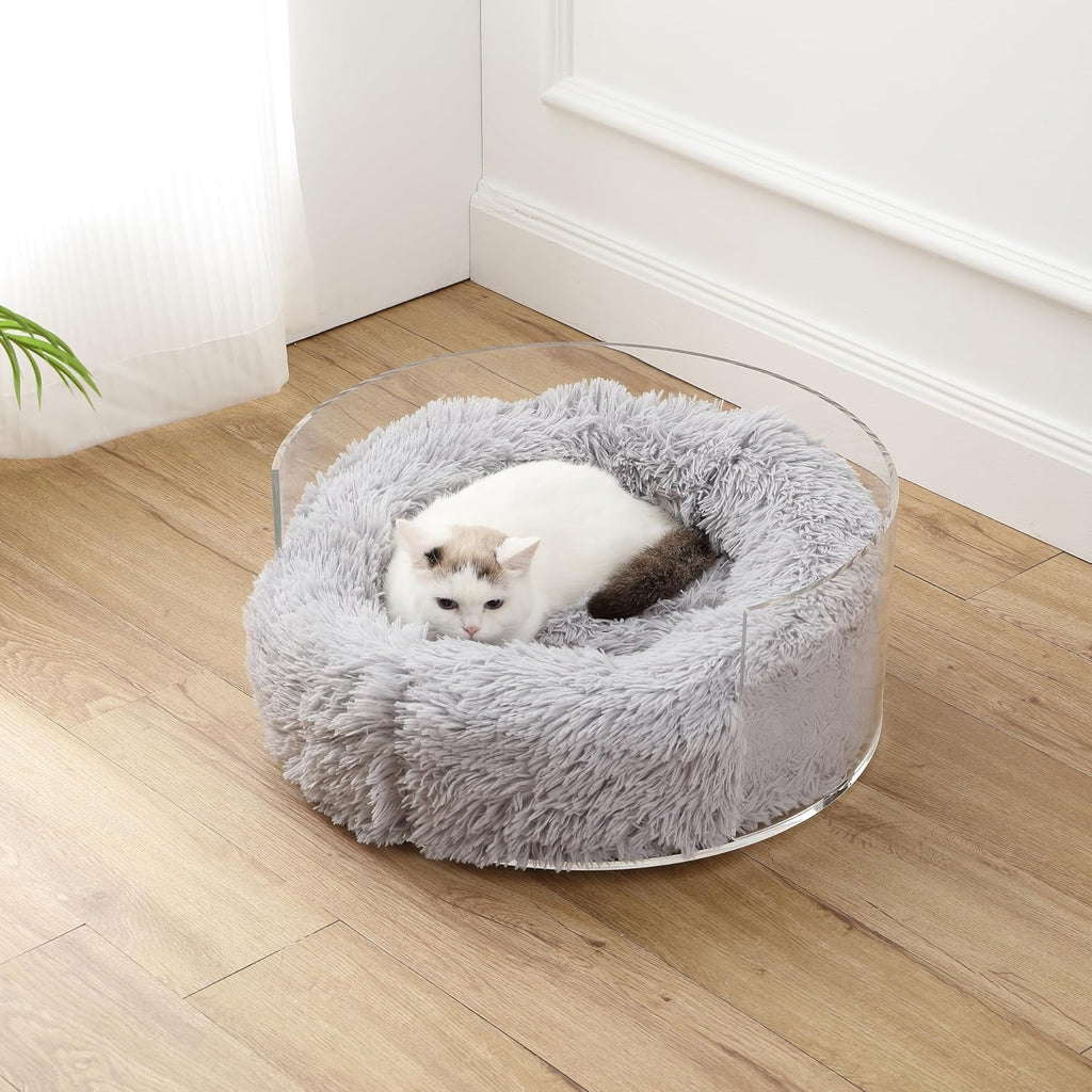 CBD2000A Bette 20.75" X 20.75" Small/Medium Modern Lucite Calming Fluffy Donut Pet Bed with Washable Cover, Light Gray/Clear
