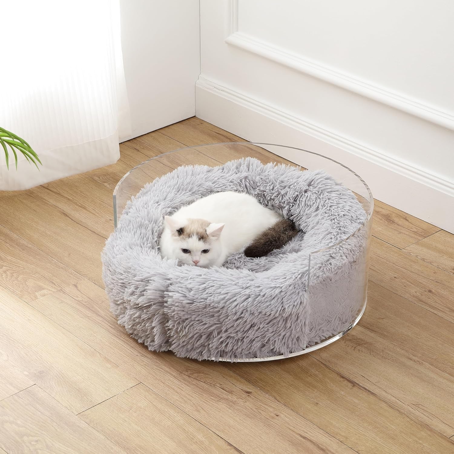 CBD2000A Bette 20.75" X 20.75" Small/Medium Modern Lucite Calming Fluffy Donut Pet Bed with Washable Cover, Light Gray/Clear