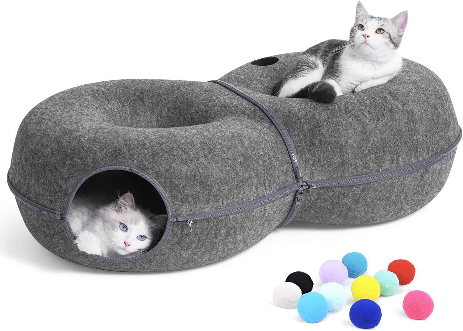 8-Shaped Large Cat Tunnel Bed for Indoor Cats, Infinite Circulation Peekaboo Cat Cave with 12 Toy Balls, Cat Donut Tunnel for Cats up to 30 Pounds (Dark Grey, L 38X24X11In)