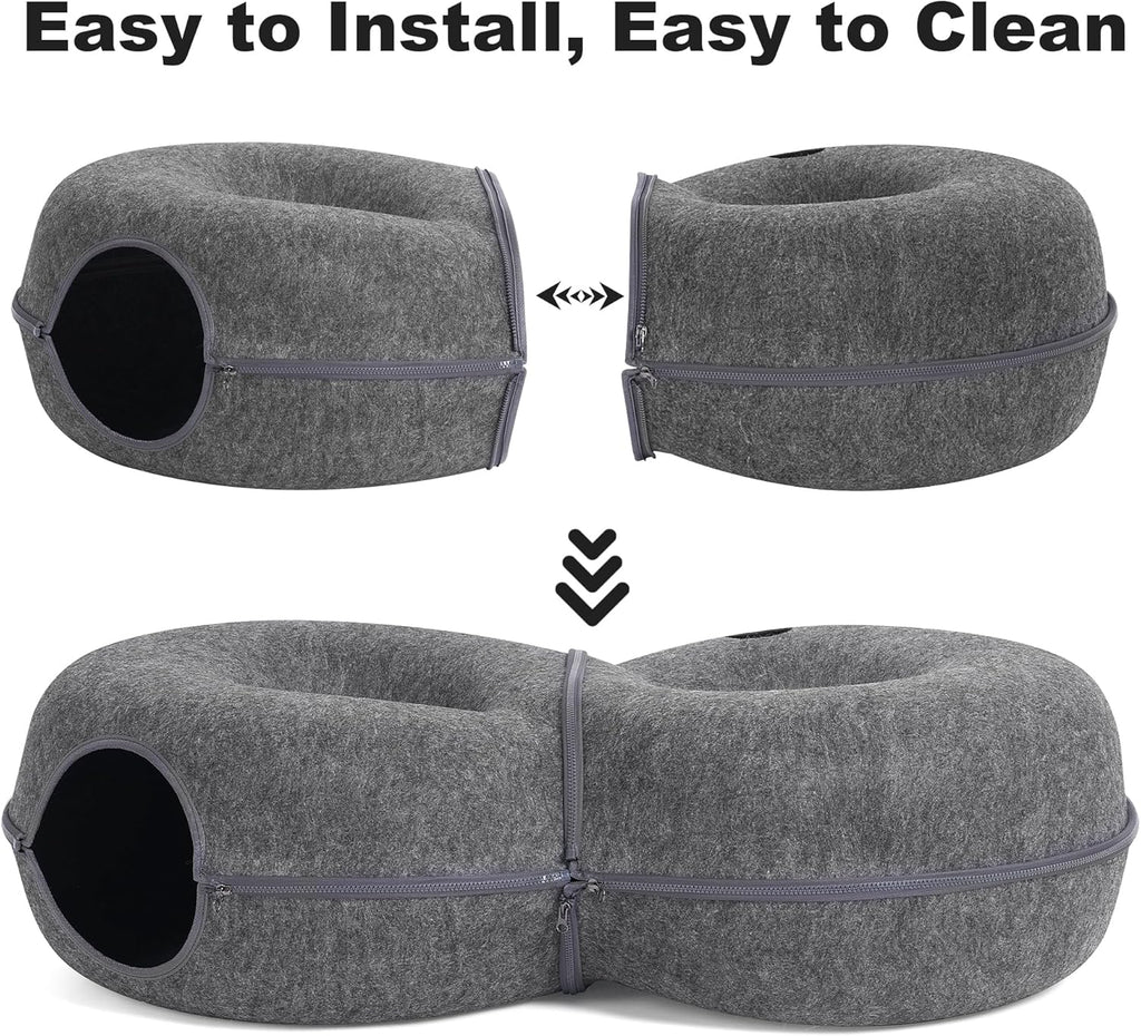 8-Shaped Large Cat Tunnel Bed for Indoor Cats, Infinite Circulation Peekaboo Cat Cave with 12 Toy Balls, Cat Donut Tunnel for Cats up to 30 Pounds (Dark Grey, L 38X24X11In)