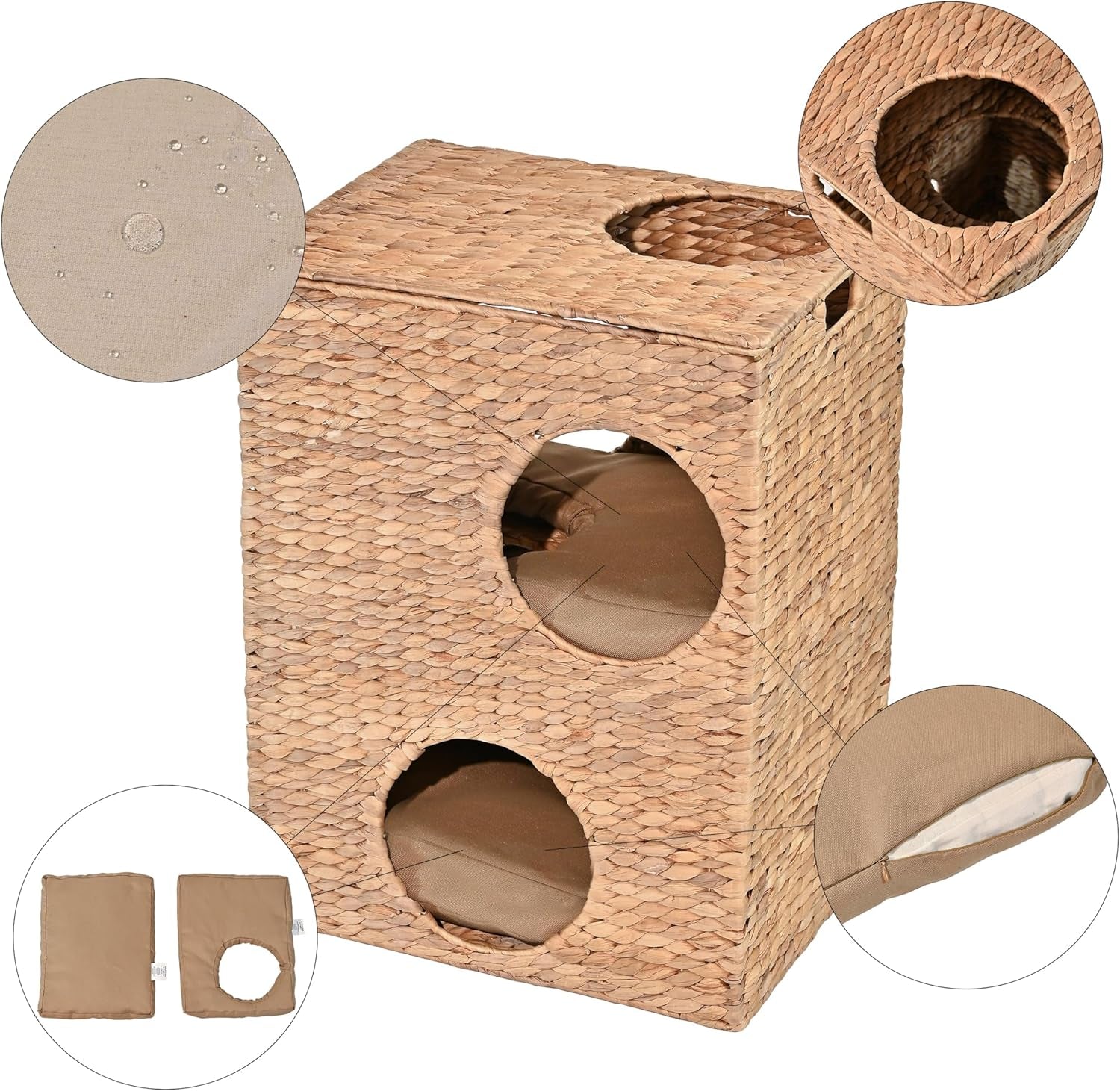 CHS1000A Jaxon 18" Modern Classic 2-Tier Handwoven Hyacinth Rectangular 5-Hole Cat Condo with 2 Machine-Washable Cushions, Natural