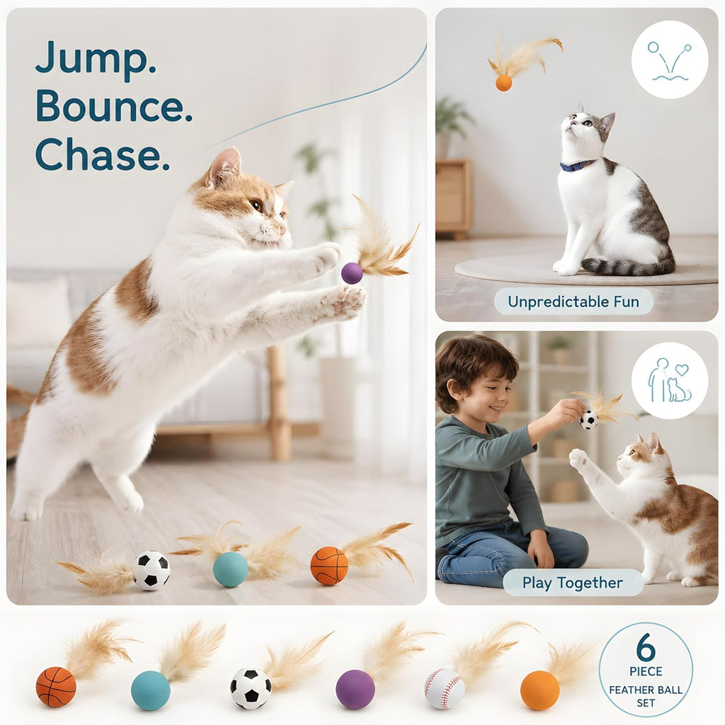Bouncy Cat Feather Ball Toys – 6 Pack Interactive Silicone Bouncing Balls for Indoor Cats & Kittens, Durable Active Play Toy