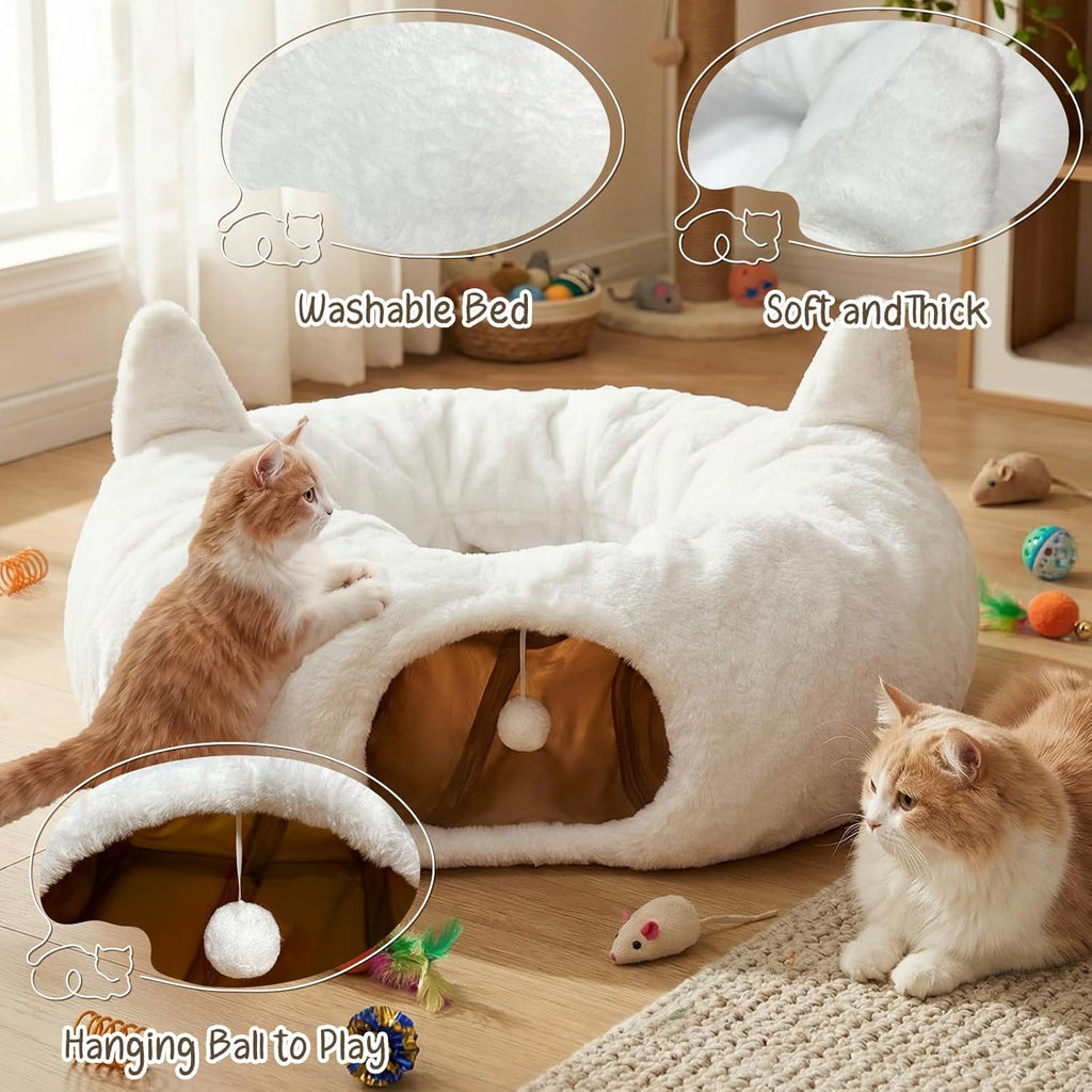 Cat Tunnel Bed for Indoor Cats, Soft Plush round Peekaboo Cat Bed Cave with Washable Cushion, under Cristmas Tree Cat Donut Tunnel Toys for Kitten Rabbit Puppy (White)