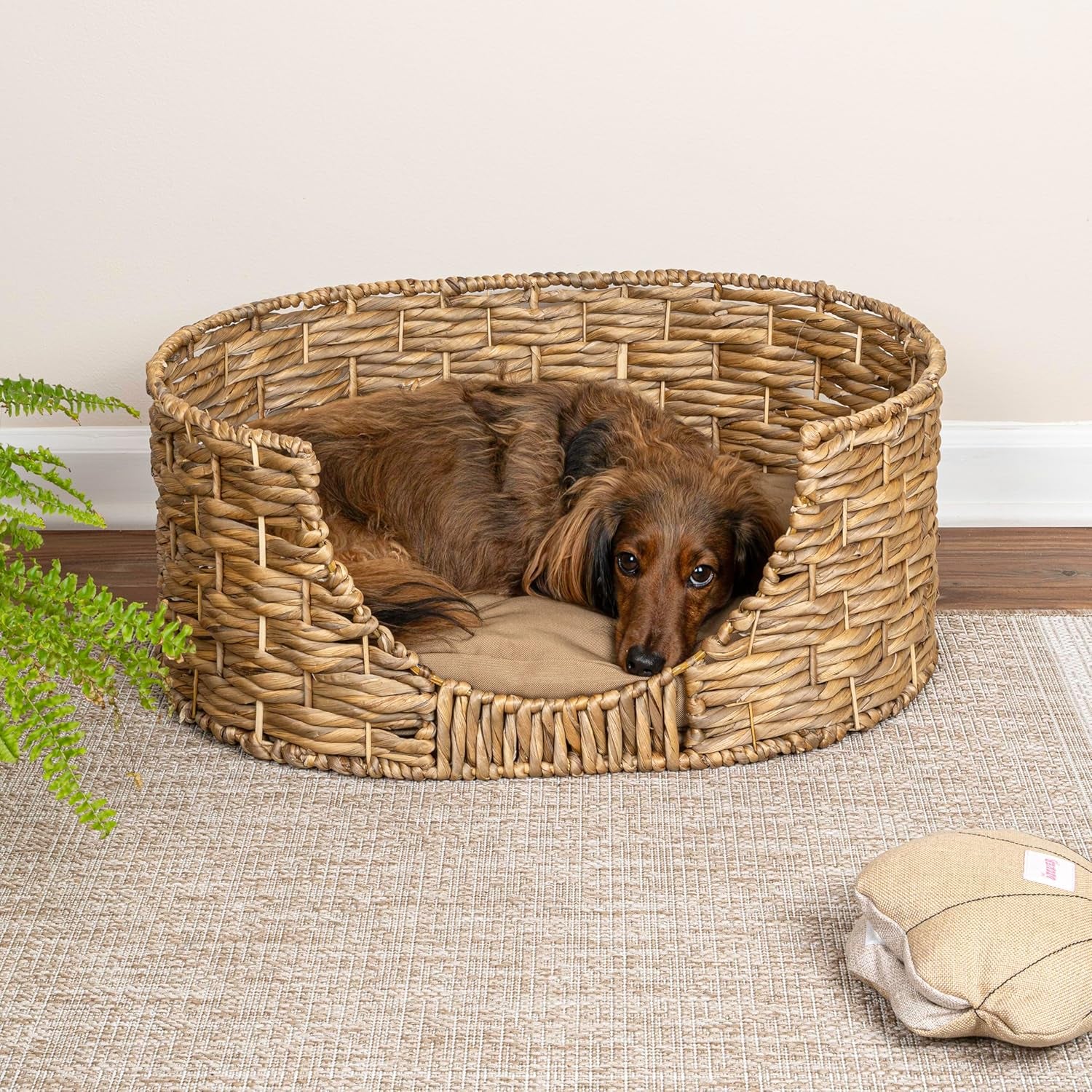 DBD4001A Perri 24" X 18" Classic Farmhouse Handwoven Hyacinth Oval Pet Bed with Machine-Washable Cushion, Natural