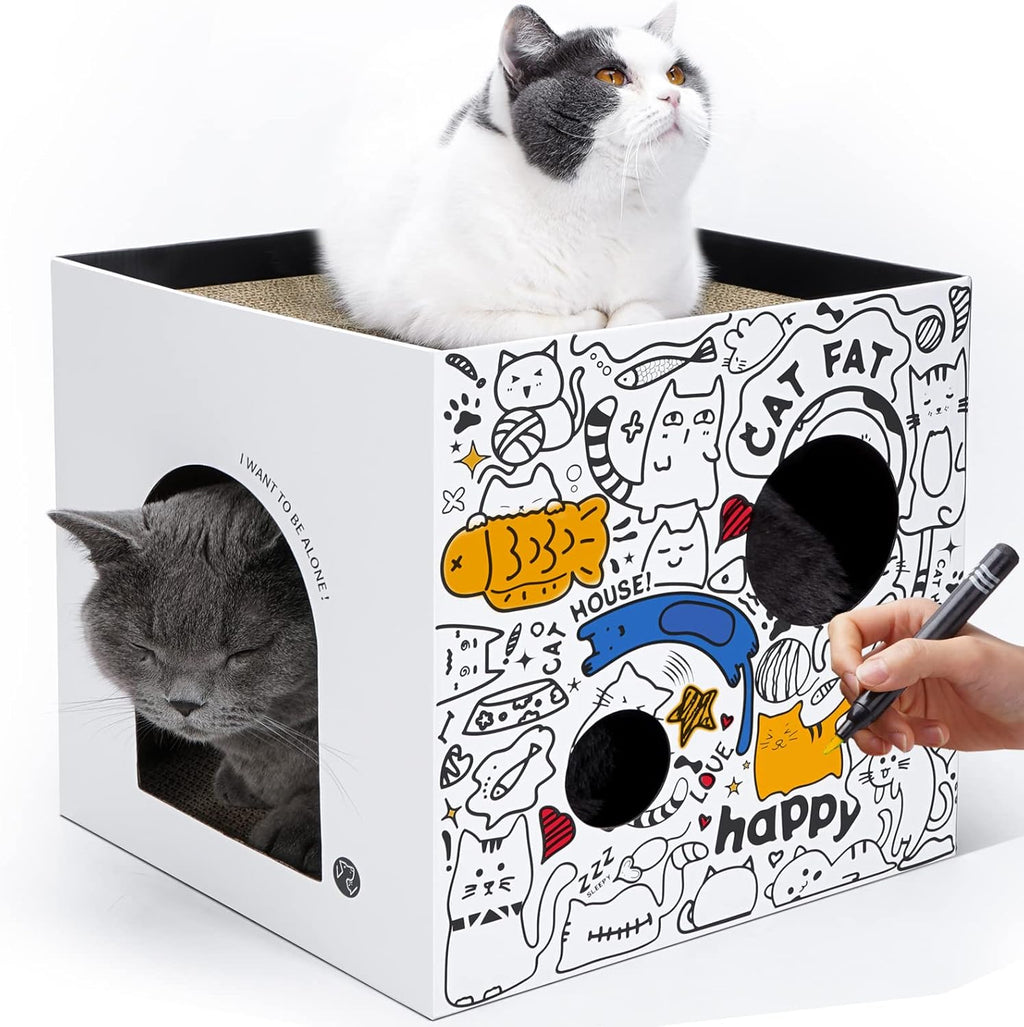 Cardboard Cat House with 2 Story Scratch Pads - Cat Play House for Indoor Cats - Corrugated Scratcher Box - Hideout for Small Animals