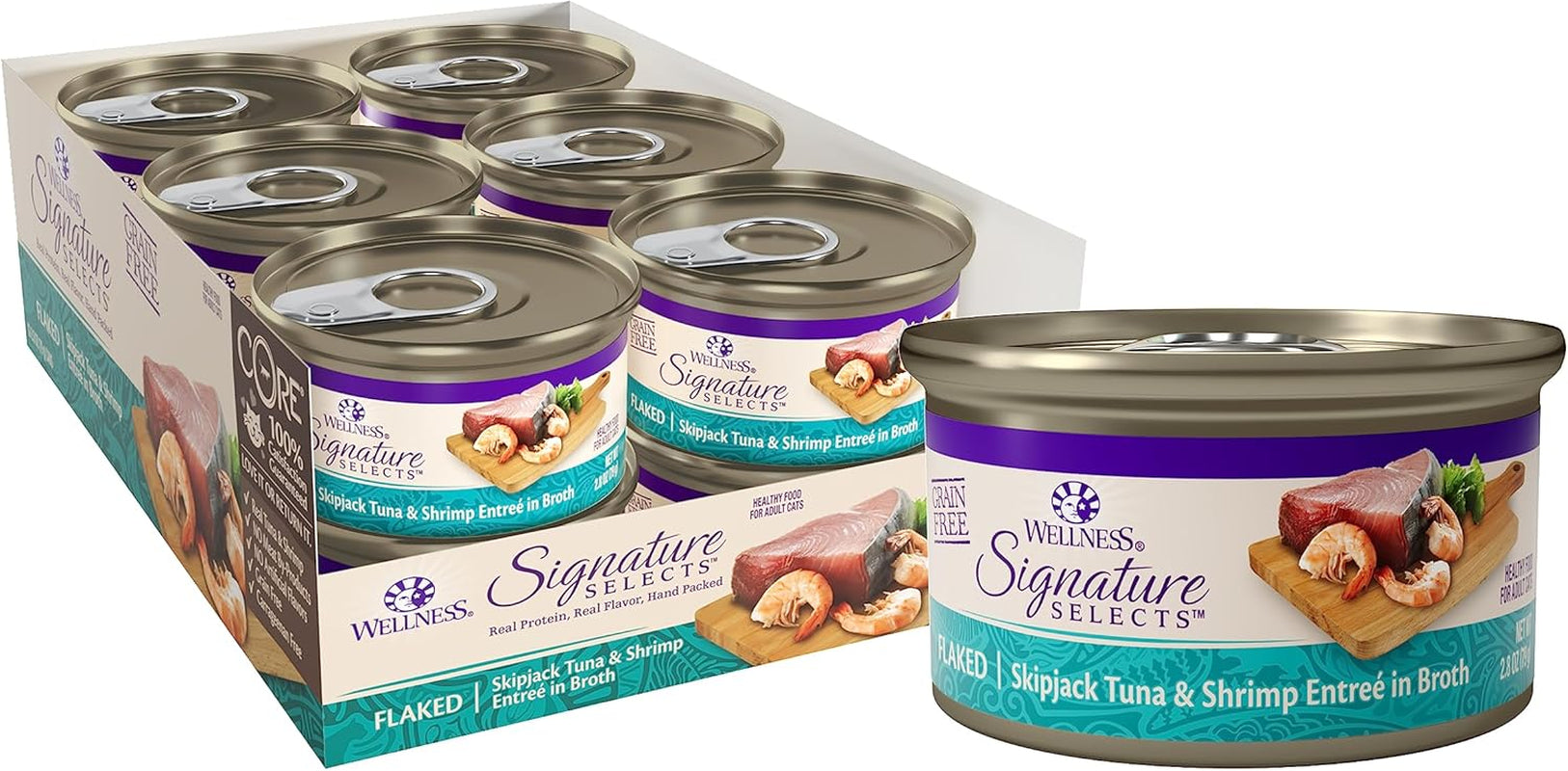 CORE Signature Selects Shredded Adult Canned Wet Cat Food, Natural, Protein Rich, Grain Free, Skipjack Tuna and Shrimp Entrée Recipe, 2.8 Oz, Pack of 12 Cans