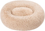 Washable Donut Pet Bolster Faux Fur Bed with Removable Cover, Anti-Slip Bottom for Dog, Beige, 23" X 23"