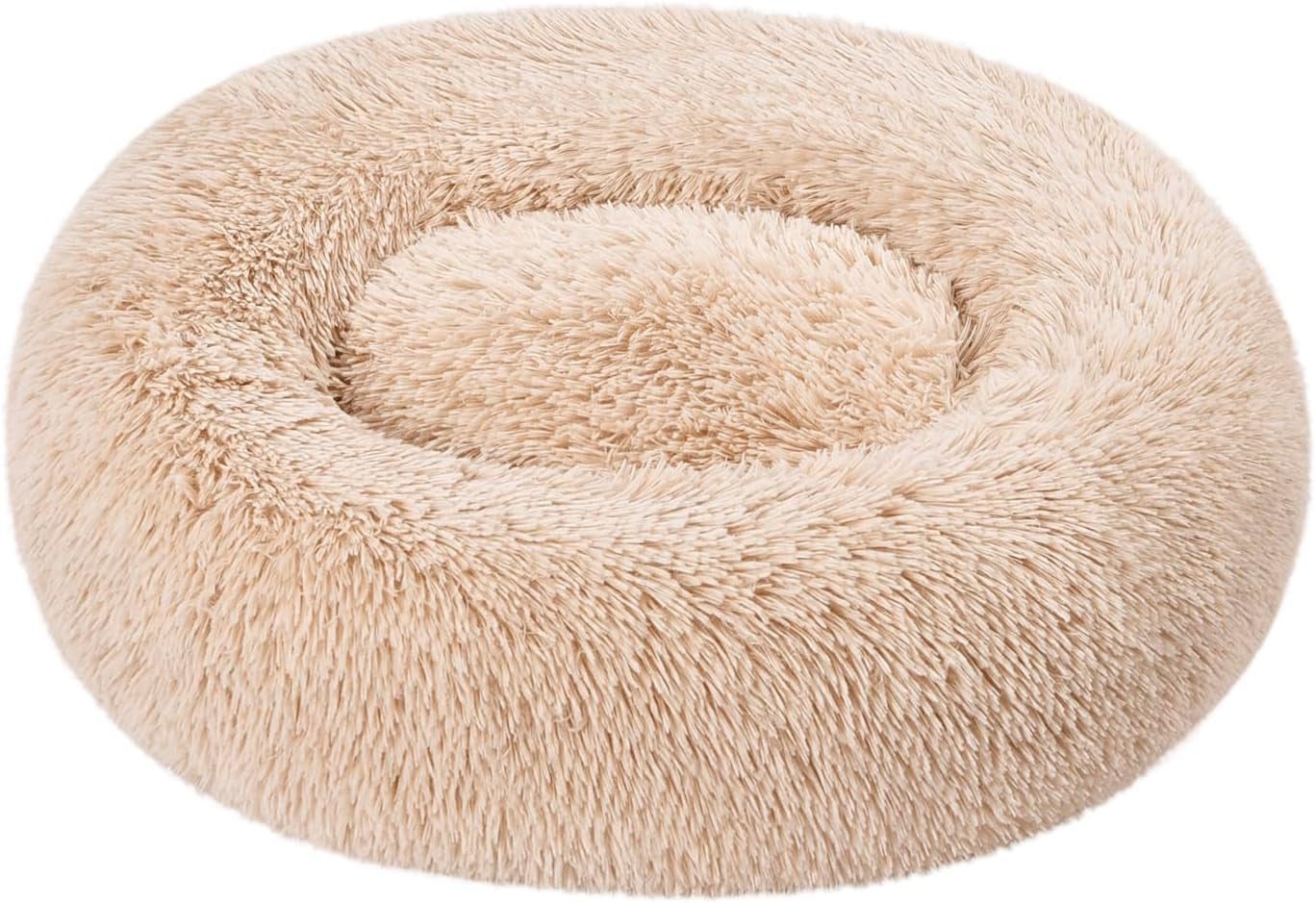 Washable Donut Pet Bolster Faux Fur Bed with Removable Cover, Anti-Slip Bottom for Dog, Beige, 23" X 23"