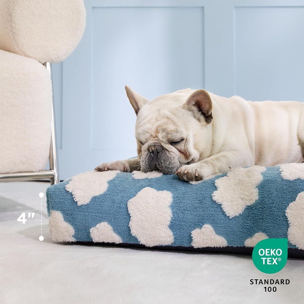 Cute Large Dog Bed for Crate-Thick Shredded Chopped Foam Pet Bed Indoor with Removable Washable Cover, Modern Fuzzy Plush & anti Slip Bottom, Blue