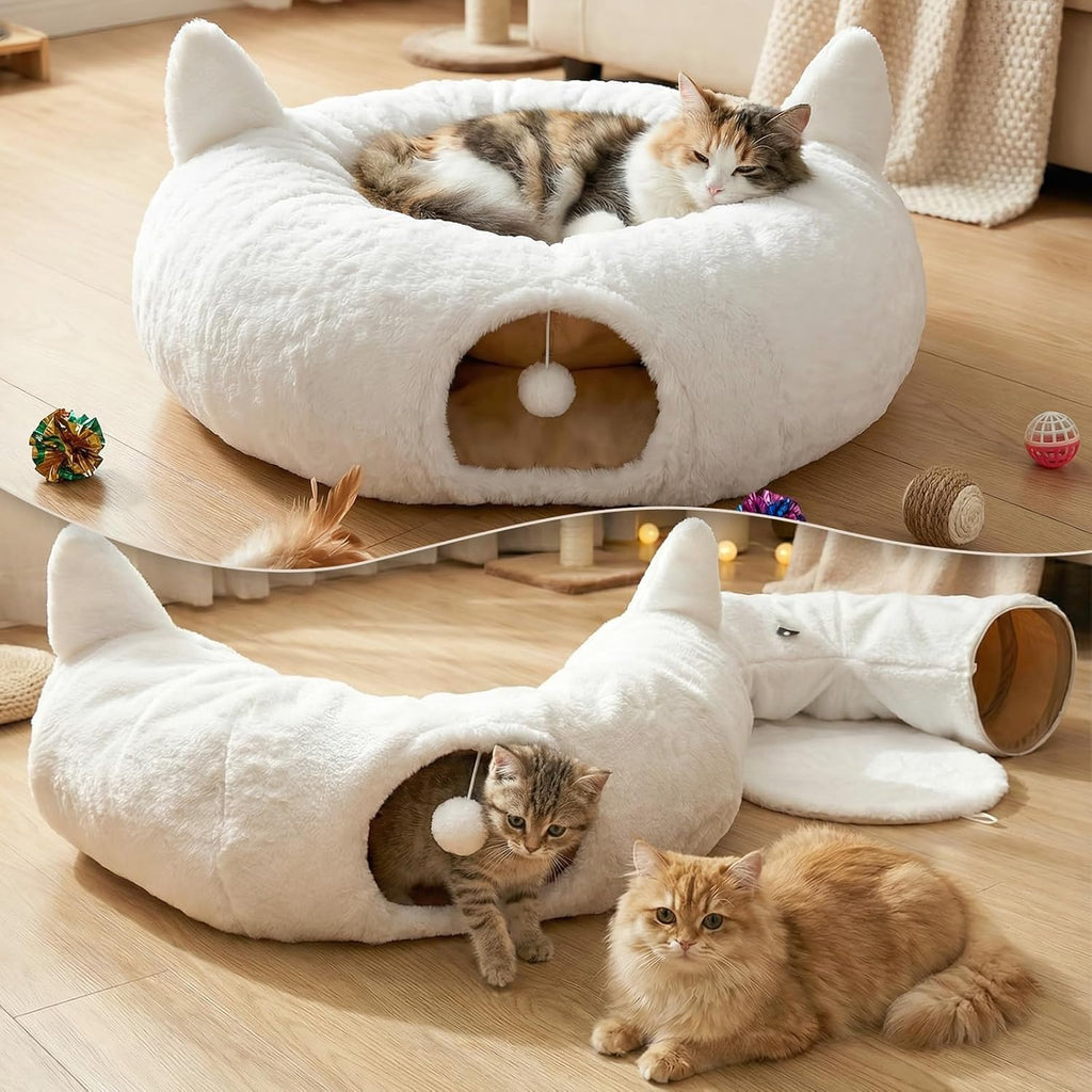 Cat Tunnel Bed for Indoor Cats, Soft Plush round Peekaboo Cat Bed Cave with Washable Cushion, under Cristmas Tree Cat Donut Tunnel Toys for Kitten Rabbit Puppy (White)