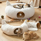 Cat Tunnel Bed for Indoor Cats, Soft Plush round Peekaboo Cat Bed Cave with Washable Cushion, under Cristmas Tree Cat Donut Tunnel Toys for Kitten Rabbit Puppy (White)