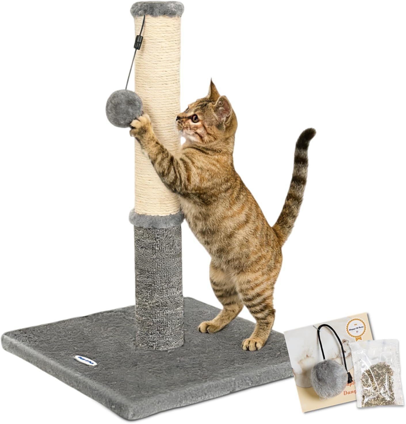 Cat Scratching Post, Cat Scratcher for Indoor Cats, Sisal Scratching Post & Carpet Post in One, Stable Kitten Scratching Post with Replaceable Toy, Extra Free Toy, Light Gray