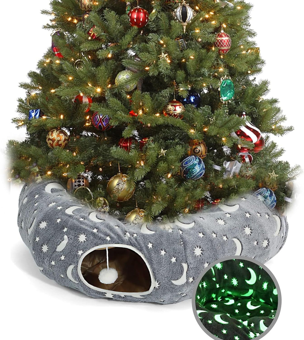 Cat Tunnel Bed under Christmas Tree with Plush Ball Toy Playground Crinkle Collapsible Self-Luminous Flannel Fabric 3FT for Large Cats Kittens Kitty Small Animals Puppy Grey Moon Star