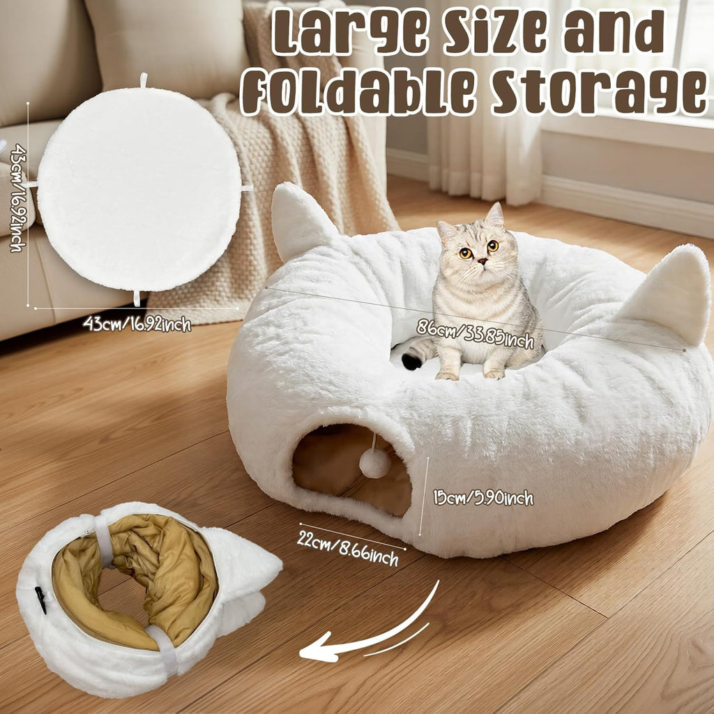 Cat Tunnel Bed for Indoor Cats, Soft Plush round Peekaboo Cat Bed Cave with Washable Cushion, under Cristmas Tree Cat Donut Tunnel Toys for Kitten Rabbit Puppy (White)