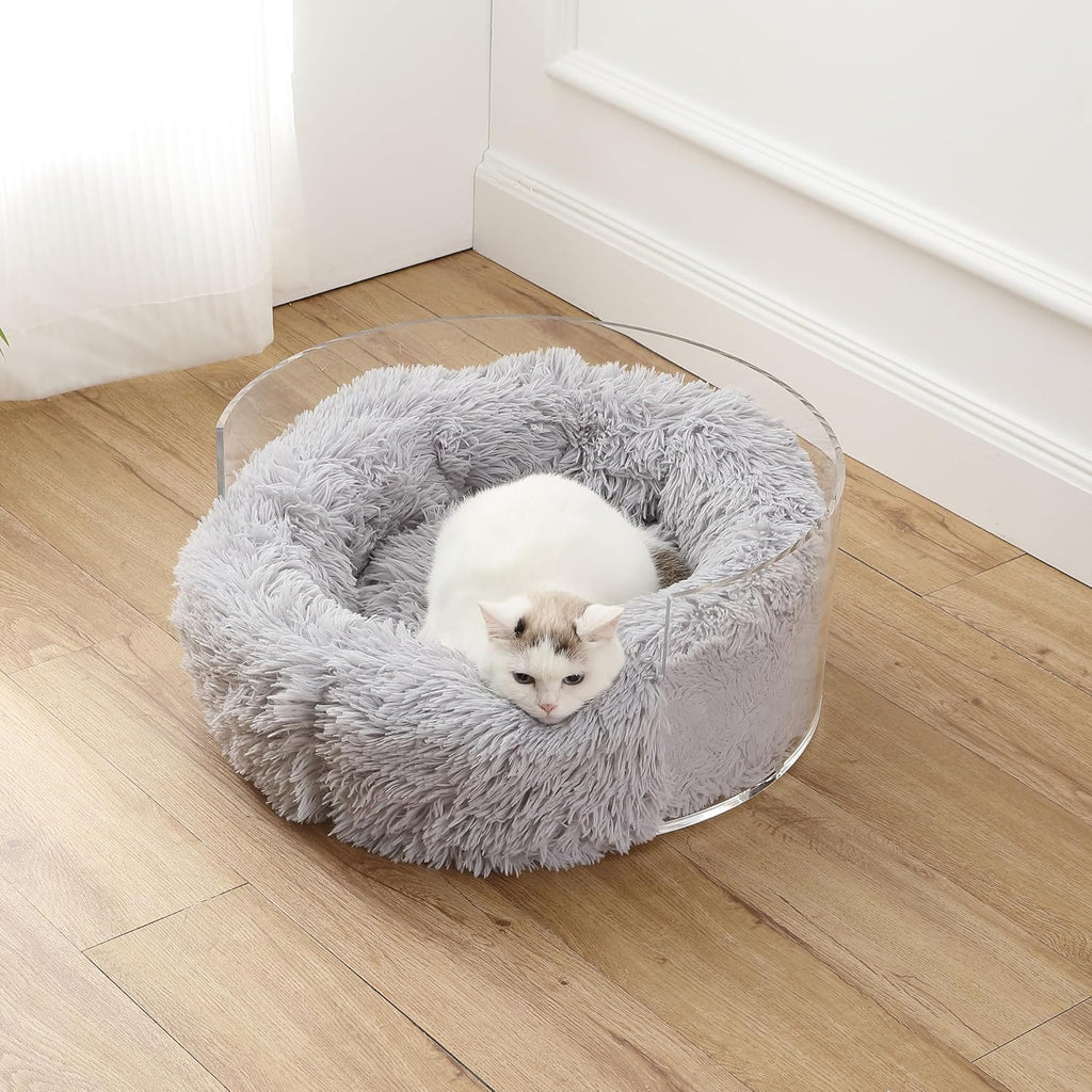 CBD2000A Bette 20.75" X 20.75" Small/Medium Modern Lucite Calming Fluffy Donut Pet Bed with Washable Cover, Light Gray/Clear