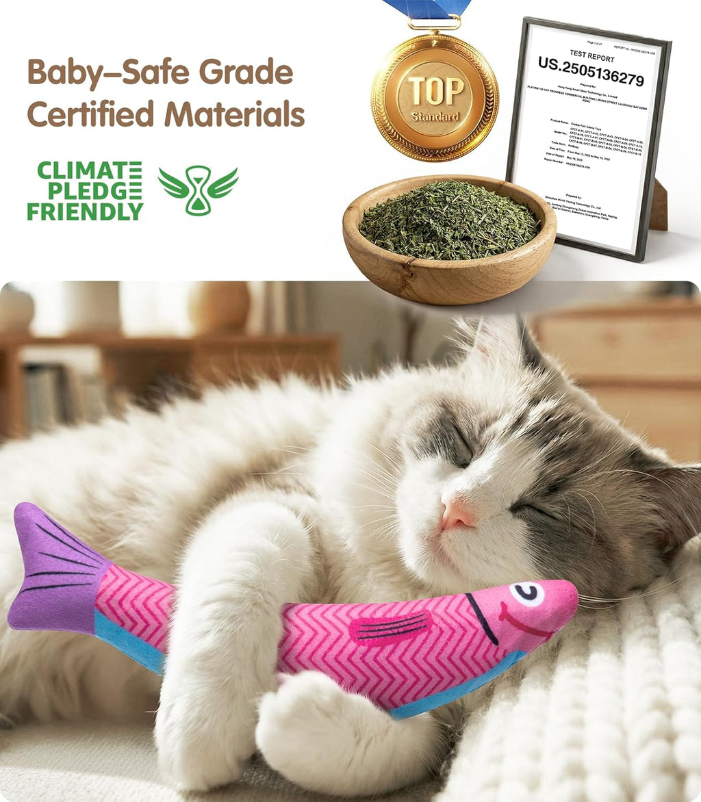 Cat Toys With[5000Mg A+Natural Catnip &Silvervine] [Baby Grade] Interactive Soft Chew Kicker Cat Toys for Indoor Cats & Kittens, [Crinkle &Bell] Fish Sound Toy, Drives Bored Cat Crazy with Fun