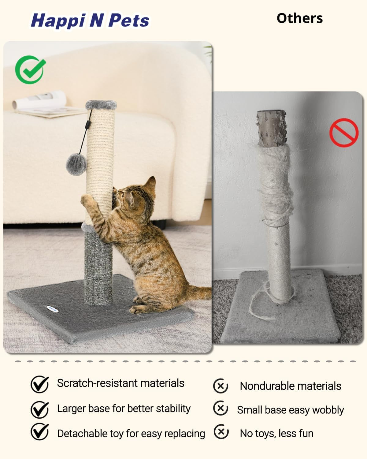 Cat Scratching Post, Cat Scratcher for Indoor Cats, Sisal Scratching Post & Carpet Post in One, Stable Kitten Scratching Post with Replaceable Toy, Extra Free Toy, Light Gray
