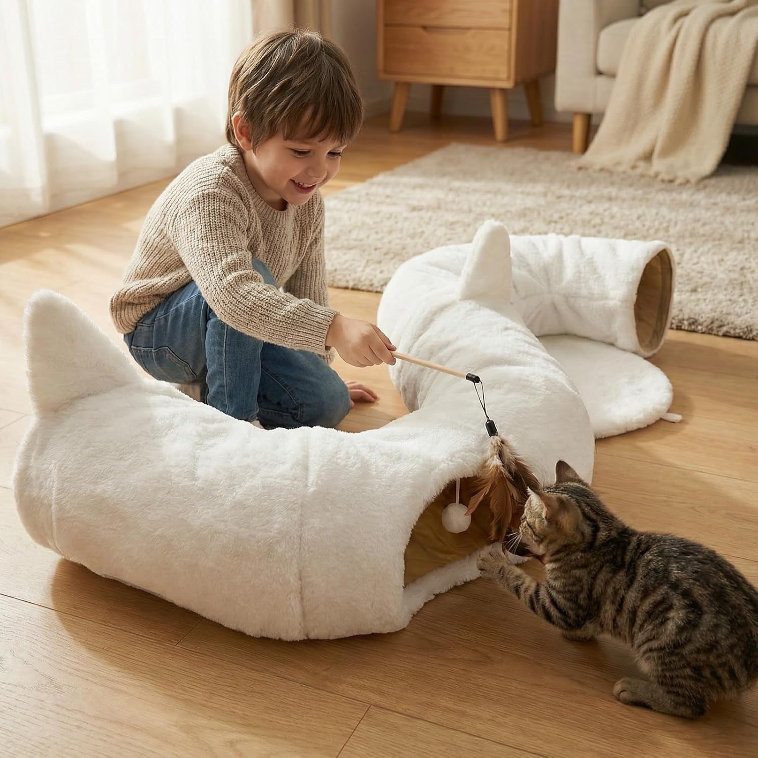 Cat Tunnel Bed for Indoor Cats, Soft Plush round Peekaboo Cat Bed Cave with Washable Cushion, under Cristmas Tree Cat Donut Tunnel Toys for Kitten Rabbit Puppy (White)