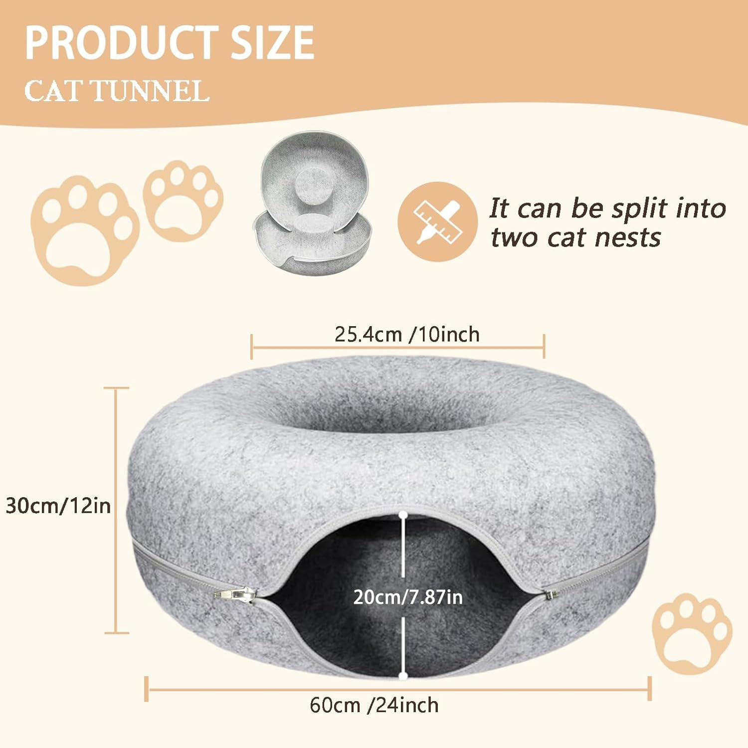 24Inch-Tunnel Bed for Indoor,Cattasaurus Peekaboo Cat Cave for Multiple,Detachable Felt Felt Washable Interior for Indoor Cats,Donut Tunnel (Light Gray)