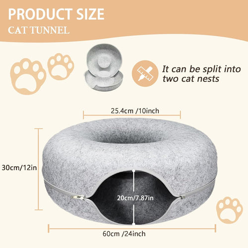 24Inch-Tunnel Bed for Indoor,Cattasaurus Peekaboo Cat Cave for Multiple,Detachable Felt Felt Washable Interior for Indoor Cats,Donut Tunnel (Light Gray)
