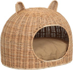 CBD1000B Cat Ear 20" X 14.5" Handwoven Water Hyacinth Pet Bed, Wicker Cat Hideaway Dome with Machine-Washable Cushion, Coastal Woven Pet House for Cats and Small Dogs, Light Brown