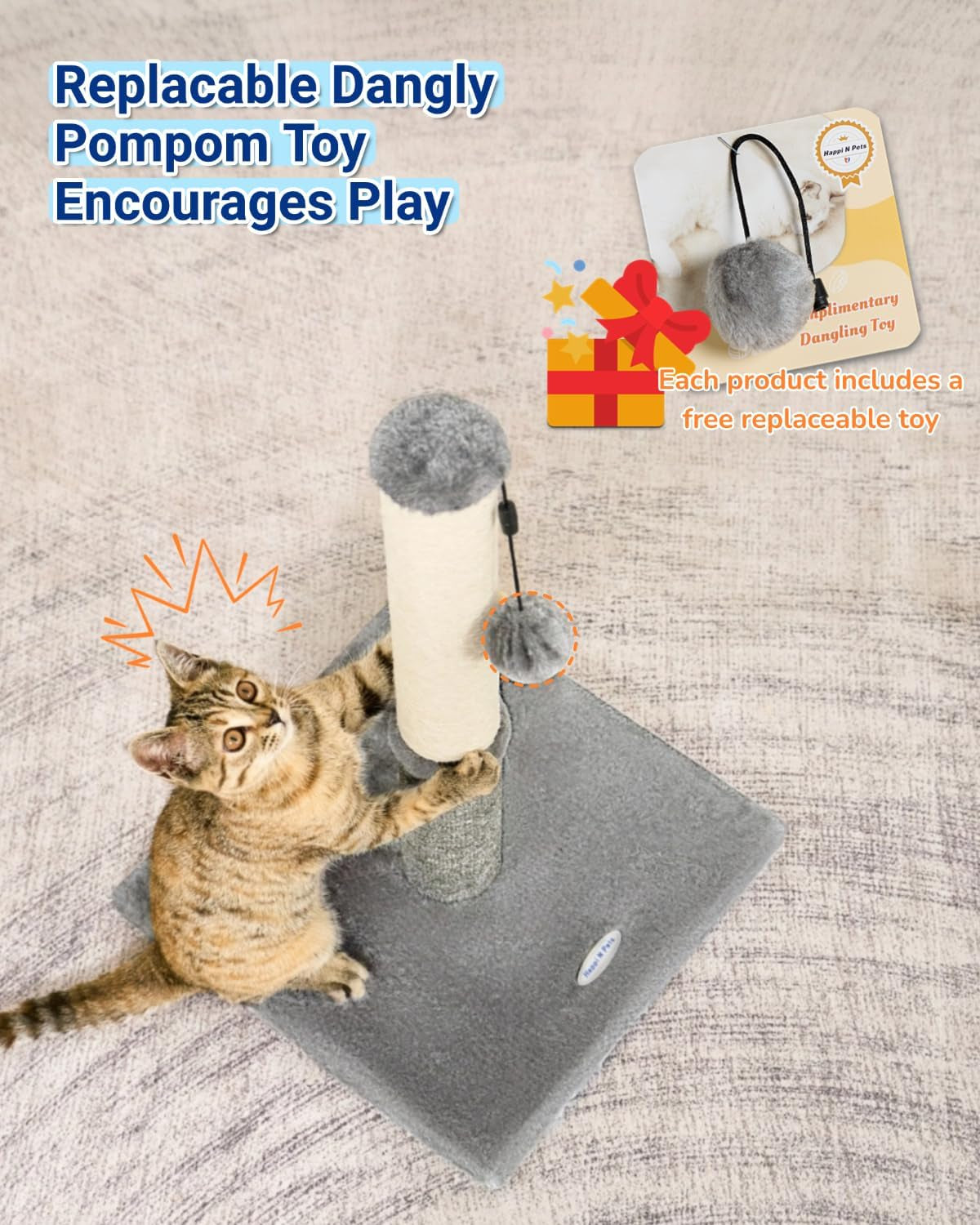 Cat Scratching Post, Cat Scratcher for Indoor Cats, Sisal Scratching Post & Carpet Post in One, Stable Kitten Scratching Post with Replaceable Toy, Extra Free Toy, Light Gray