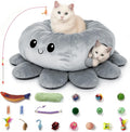 Cat Tunnel Bed for Indoor Cats, Peekaboo Cat Cave Bed with 20 Pcs Cat Toys, Soft Cat Donut Tunnel for Kitten Large Cats, Grey Octopus