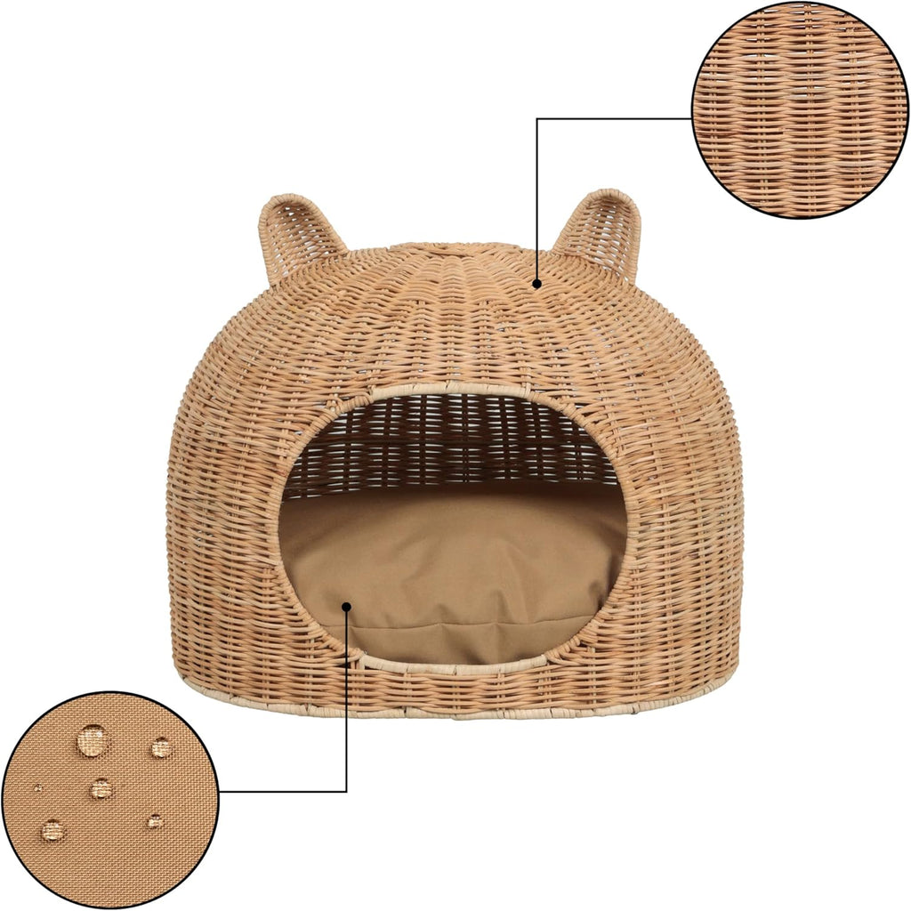 CBD1000B Cat Ear 20" X 14.5" Handwoven Water Hyacinth Pet Bed, Wicker Cat Hideaway Dome with Machine-Washable Cushion, Coastal Woven Pet House for Cats and Small Dogs, Light Brown