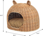 CBD1000B Cat Ear 20" X 14.5" Handwoven Water Hyacinth Pet Bed, Wicker Cat Hideaway Dome with Machine-Washable Cushion, Coastal Woven Pet House for Cats and Small Dogs, Light Brown