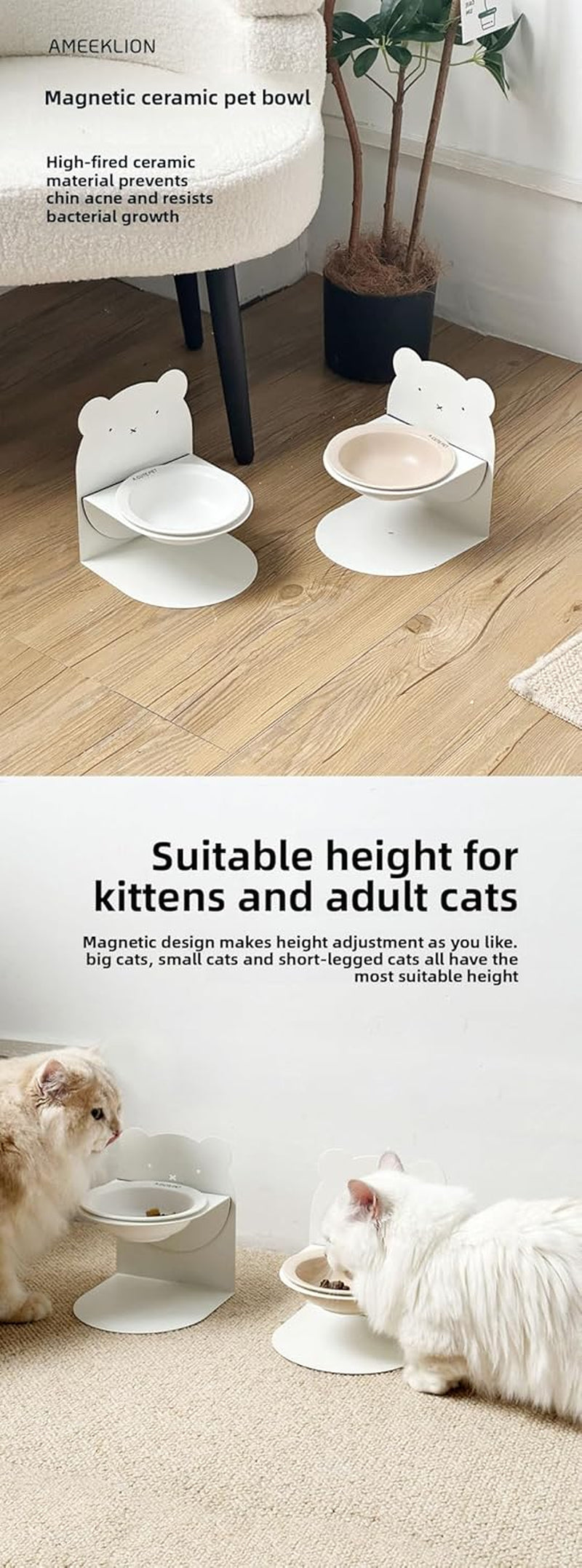 Ceramic Elevated Cat & Dog Bowl – Magnetic Adjustable Height & 360° Tilt Pet Feeder, Anti-Vomit & Whisker Fatigue Relief, Non-Slip, Food & Water Dish