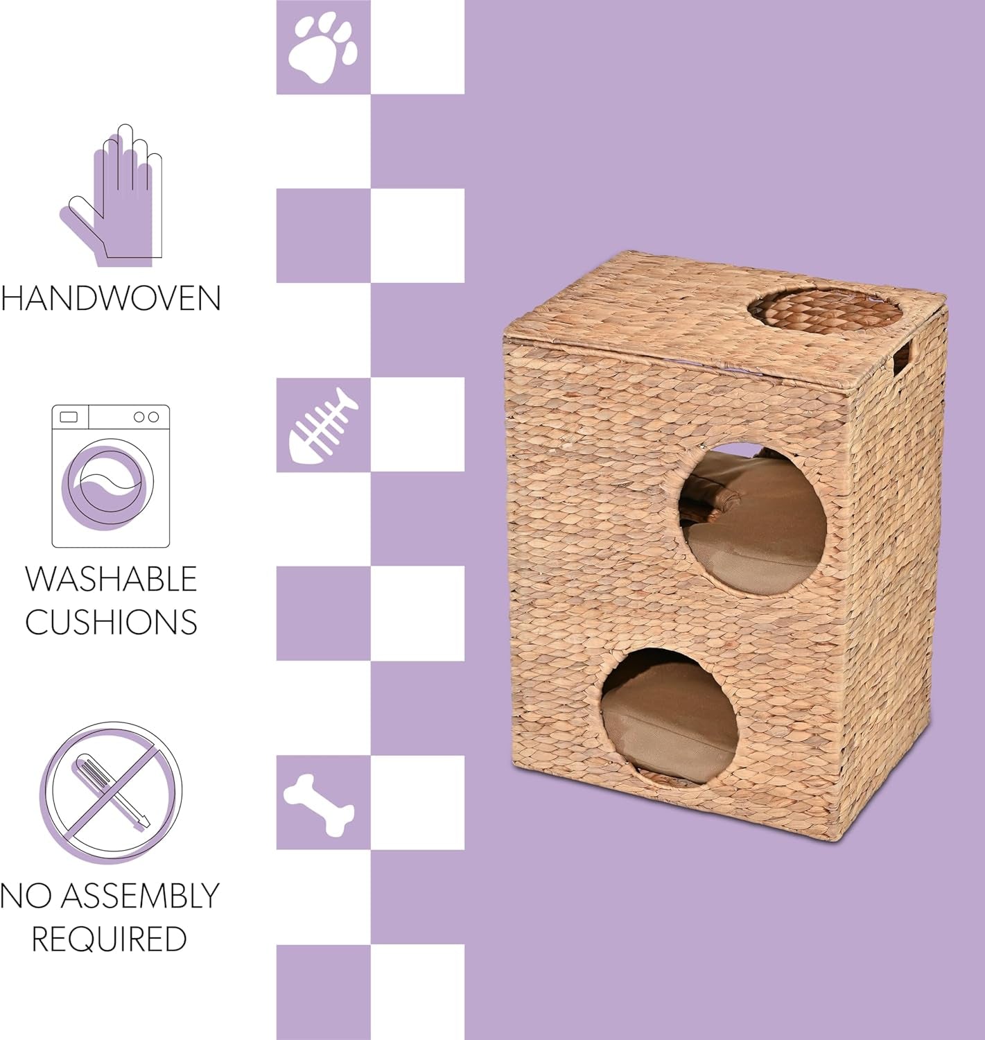 CHS1000A Jaxon 18" Modern Classic 2-Tier Handwoven Hyacinth Rectangular 5-Hole Cat Condo with 2 Machine-Washable Cushions, Natural