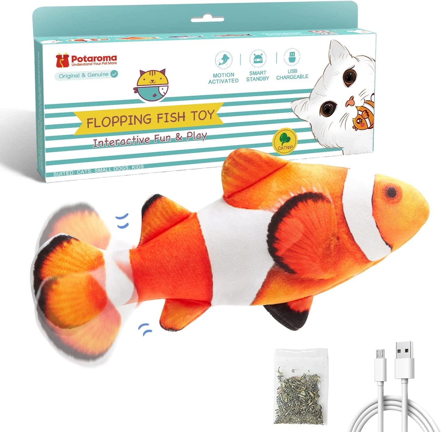 Cat Toys Flopping Fish with Silvervine and Catnip, Moving Kitten Kicker, Floppy Wiggle Clownfish for Small Dogs, Motion Kitty Interactive Exercise, 10.5 Inches