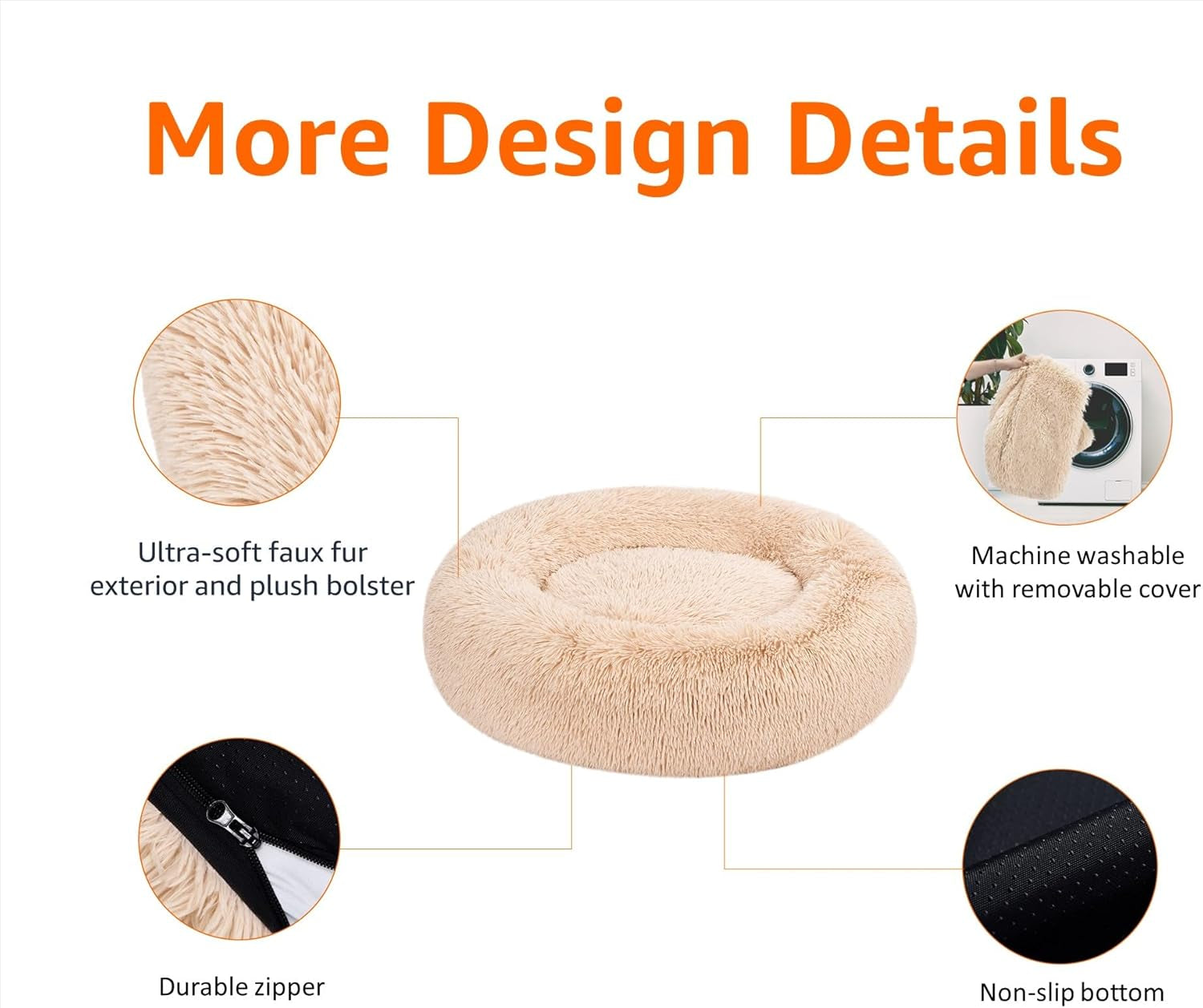 Washable Donut Pet Bolster Faux Fur Bed with Removable Cover, Anti-Slip Bottom for Dog, Beige, 23" X 23"