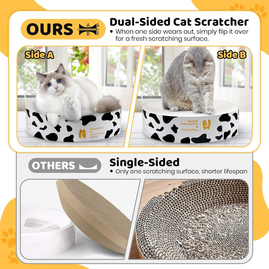 Cat Scratcher Cardboard Bed - Happy&Polly round Scratching Pad for Indoor Cats Double-Sided Usable Corrugated Cat Beds Furniture Protector Cat Scratch Deterrent - White