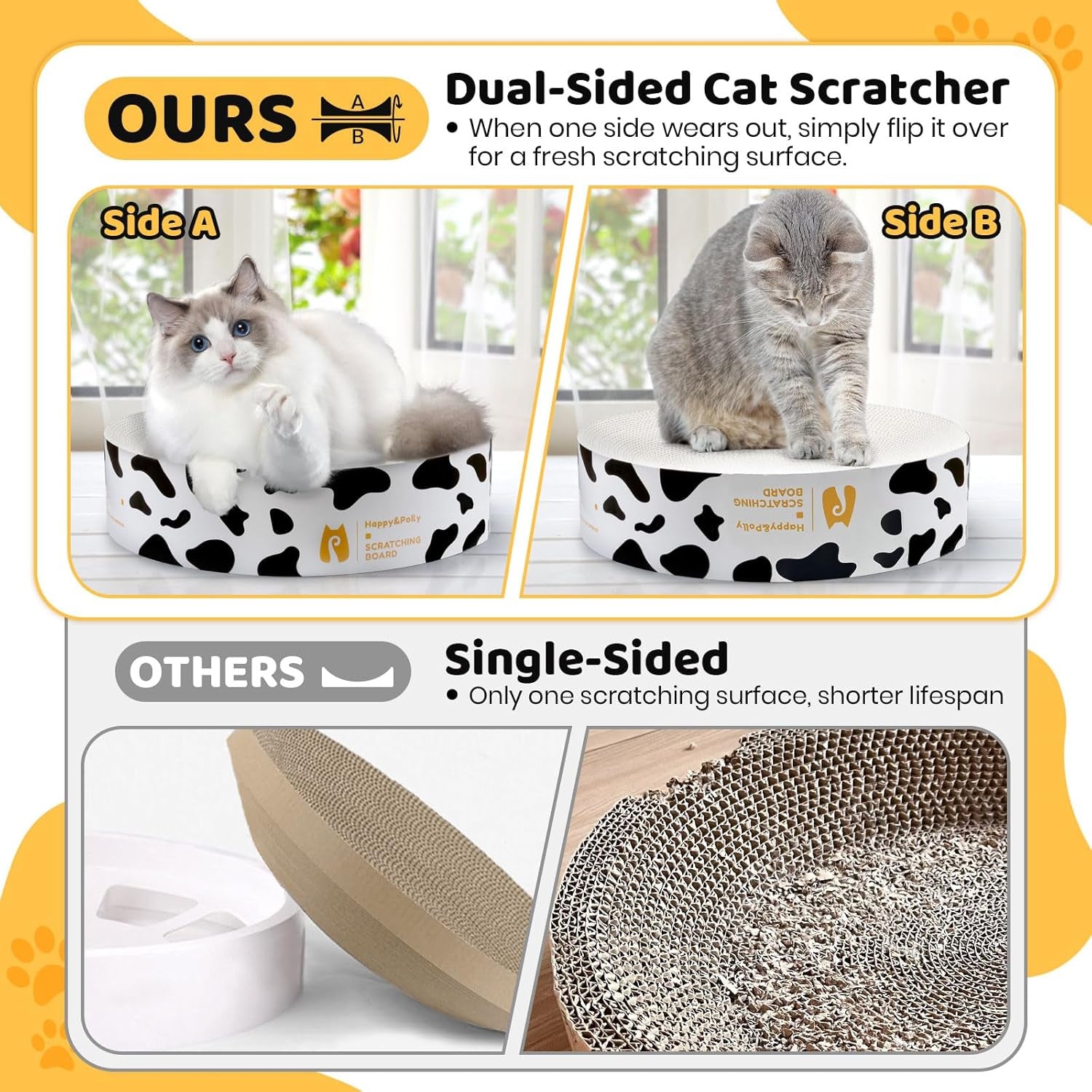 Cat Scratcher Cardboard Bed - Happy&Polly round Scratching Pad for Indoor Cats Double-Sided Usable Corrugated Cat Beds Furniture Protector Cat Scratch Deterrent - White