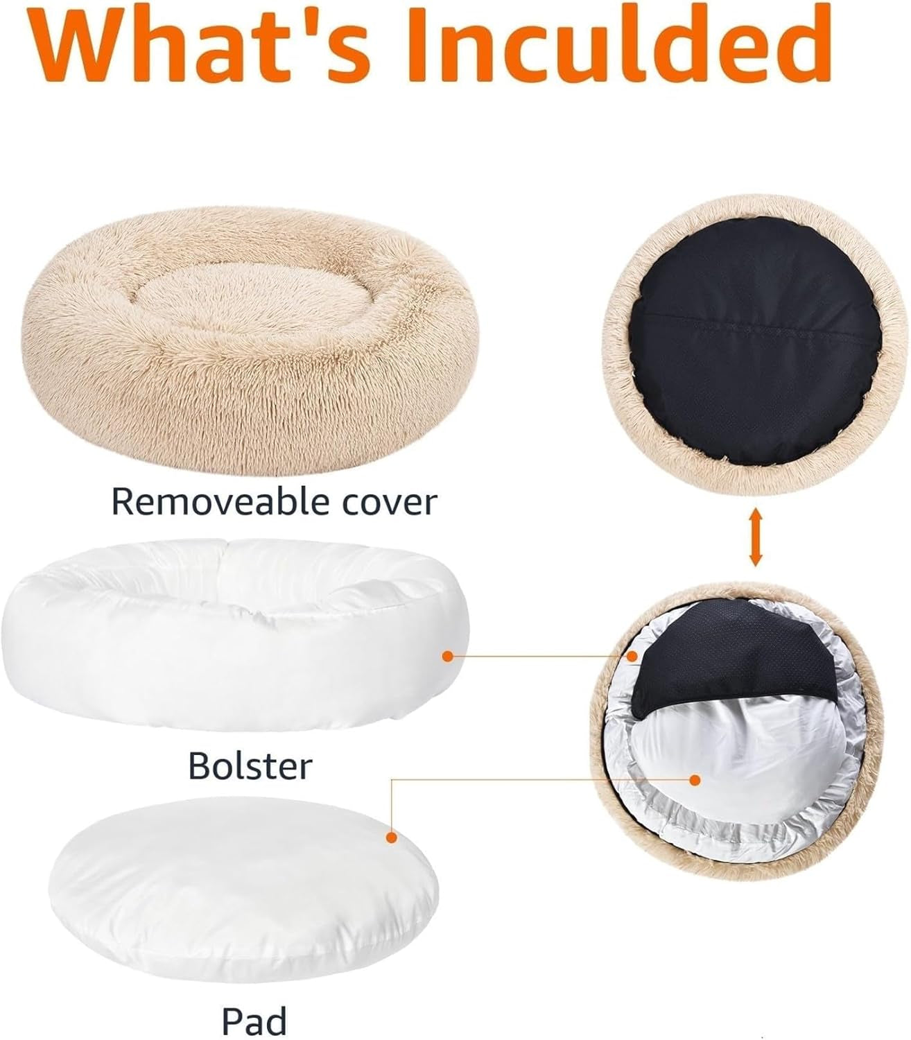 Washable Donut Pet Bolster Faux Fur Bed with Removable Cover, Anti-Slip Bottom for Dog, Beige, 23" X 23"