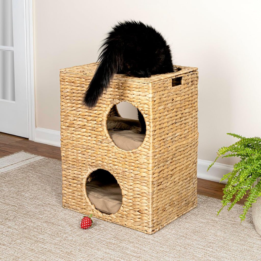 CHS1000A Jaxon 18" Modern Classic 2-Tier Handwoven Hyacinth Rectangular 5-Hole Cat Condo with 2 Machine-Washable Cushions, Natural